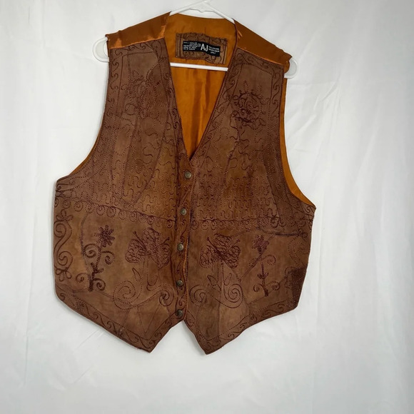 Vintage Men's AJ Brown Leather Western Vest Size 1X Snap Button Front - Picture 2 of 8